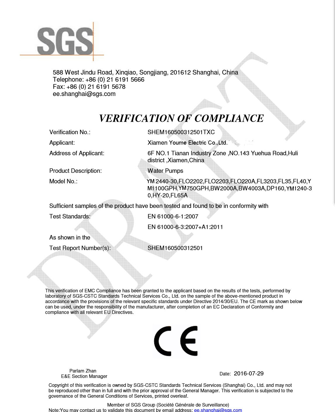 Obtenir le certificat CE / RoHs par SGS